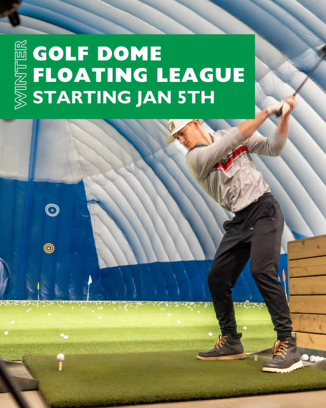 Golfer with a header stating when the golf dome league begins