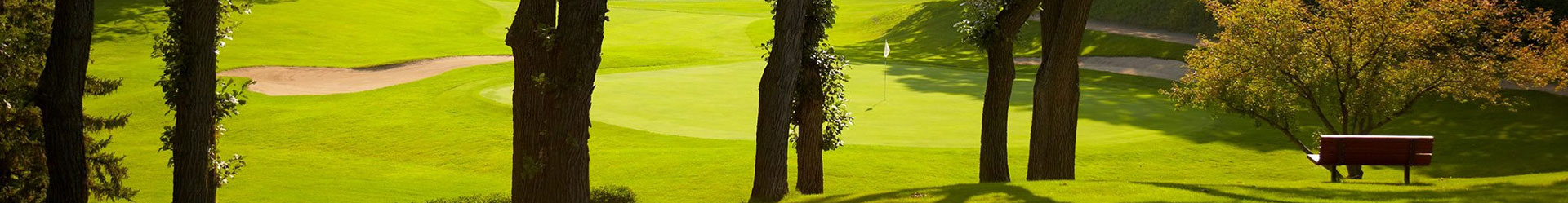 Panoramic view of a vibrant green golf course, with trees, a sand bunker, a flagstick on the green, and a red bench.
