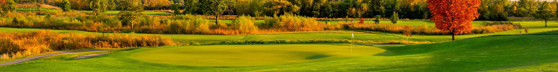 Vibrant green golf course with a flagstick, surrounded by golden autumn grasses and colorful fall trees.