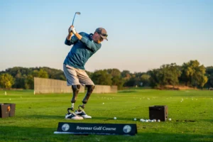 Golfer with prosthetic legs in mid-swing on the driving range at Braemar Golf Course.