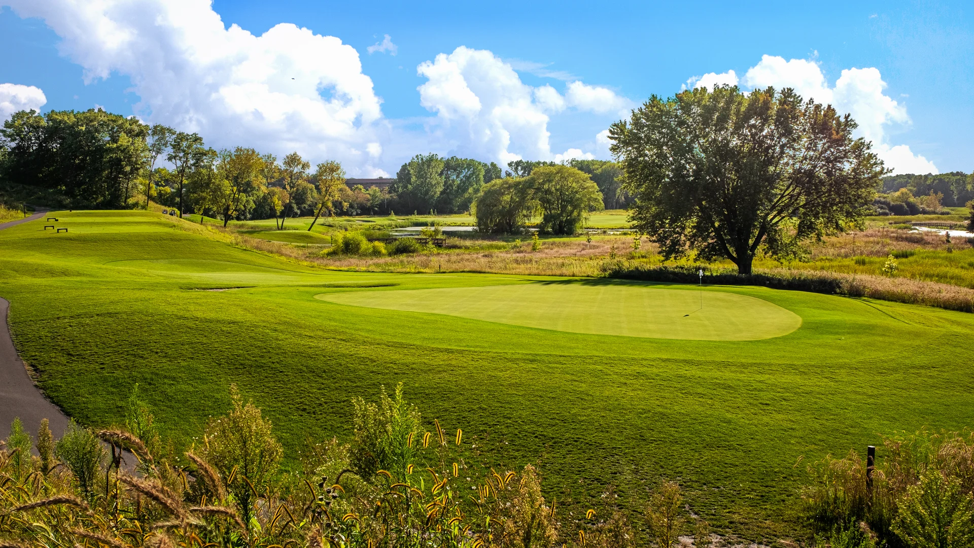 Scenic golf course fairway and green with a flagstick, surrounded by trees and a pond under a blue sky.