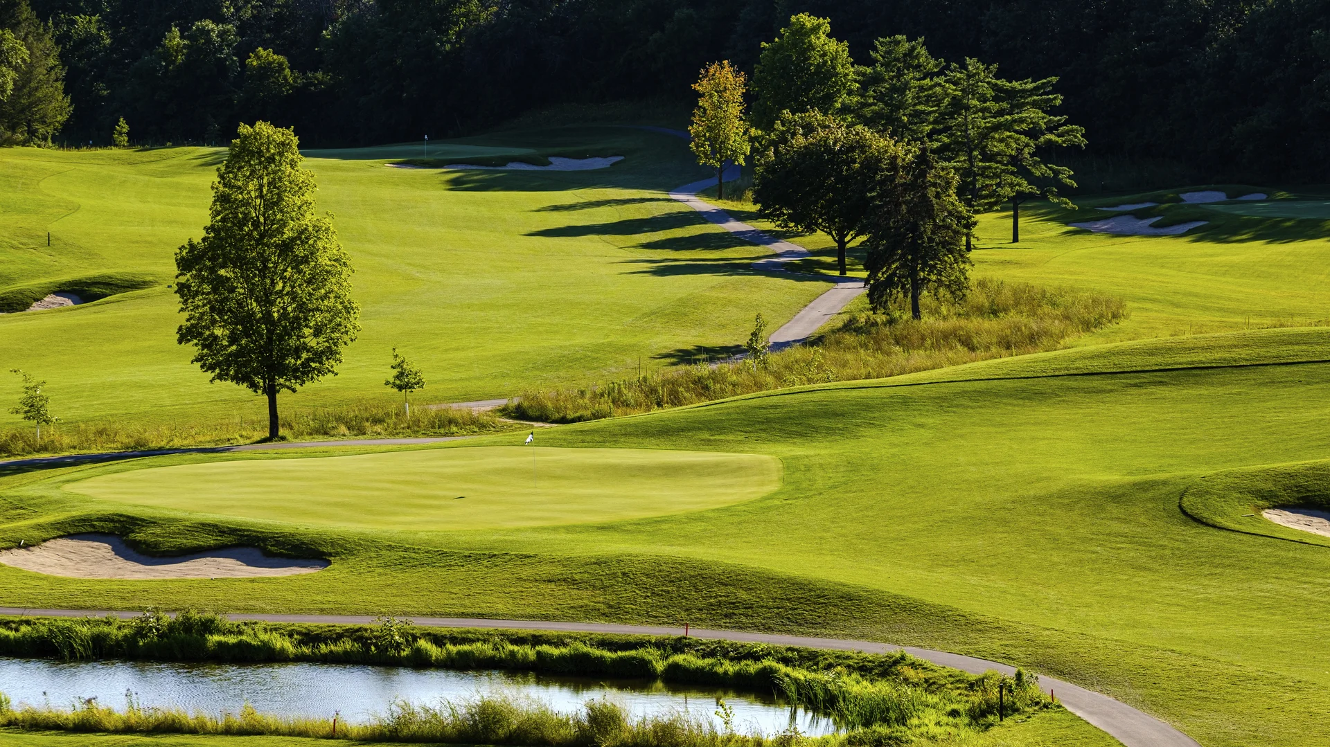 Lush green golf course hole featuring a putting green, pond, sand traps, cart path, and trees.