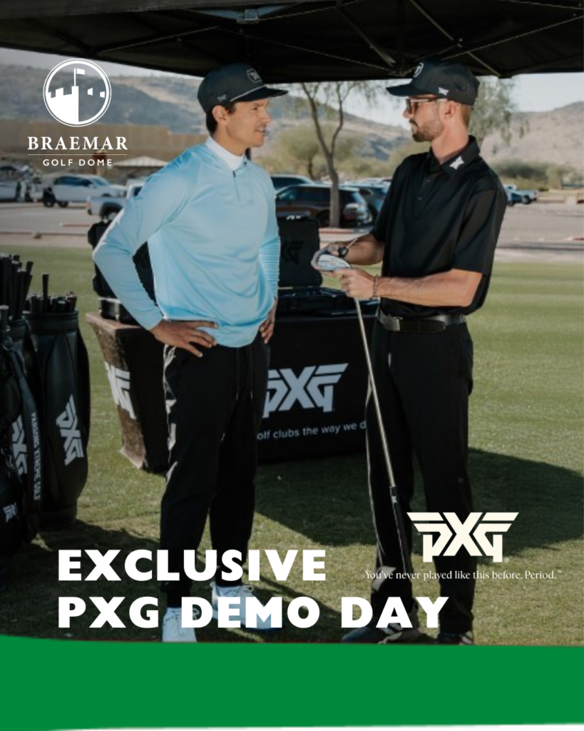 Promotional graphic for an Exclusive PXG Demo Day at Braemar Golf Dome. The image shows two men—one in a light blue pullover and one in a black PXG polo—discussing golf clubs outdoors under a black canopy. The PXG logo and "Exclusive PXG Demo Day" text are overlaid at the bottom.