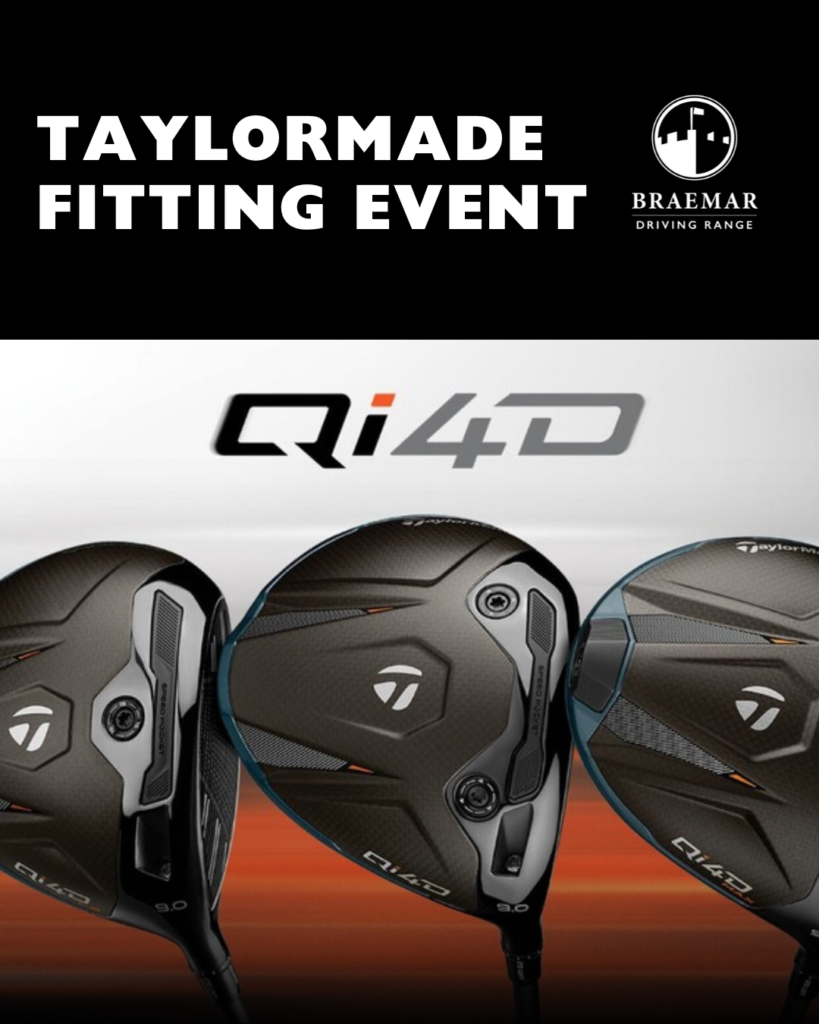 Promotional graphic for a TaylorMade Fitting Event at Braemar Golf Dome. The top section is black with white text and the Braemar logo. The center features the "Qi10" product logo above a close-up of three TaylorMade Qi10 drivers against a blurred orange and white background.